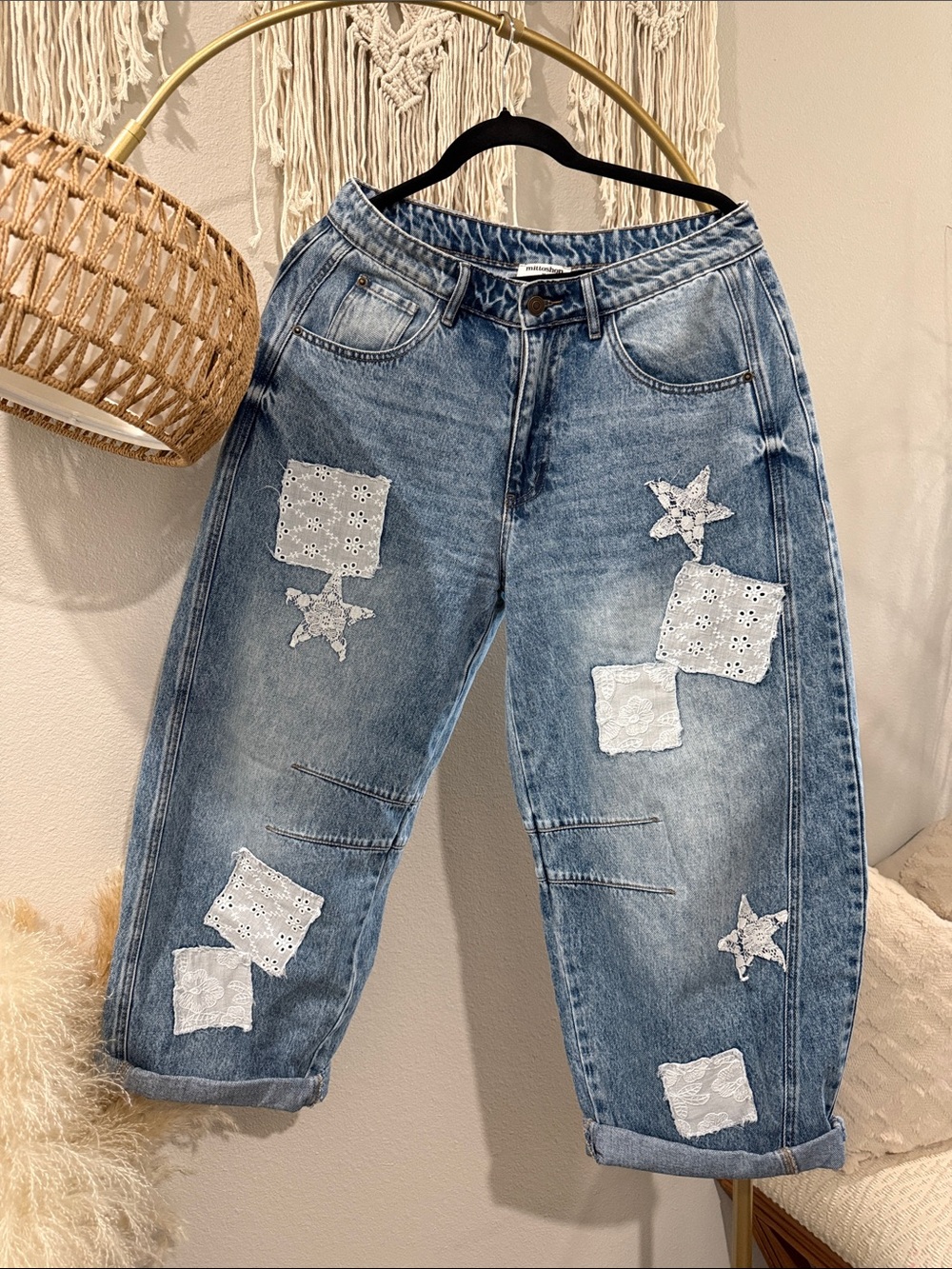 Blue Patchwork Lace Detail Women's Barrel Jeans